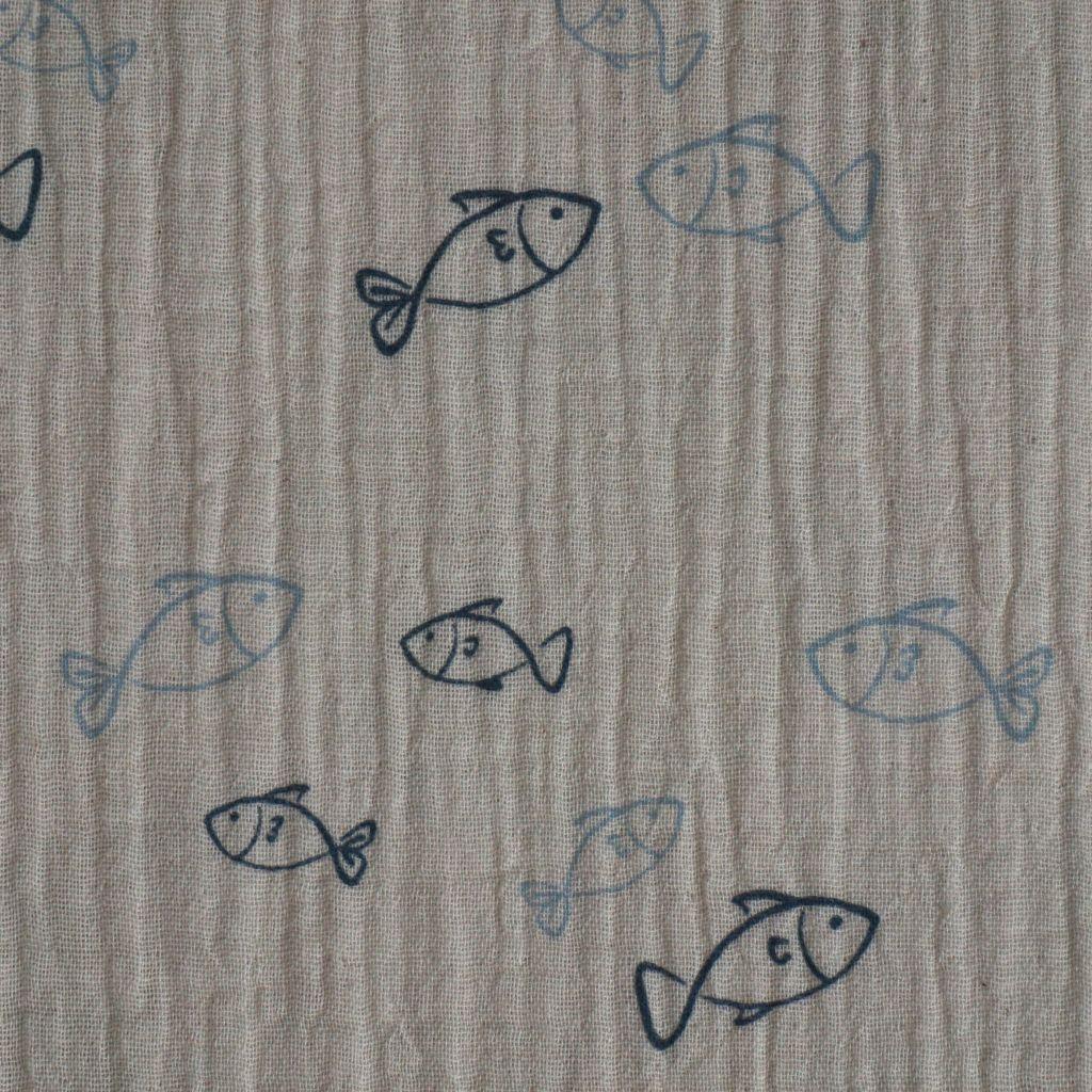 Preview: Musselin Double Gauze Fische auf kittbeige